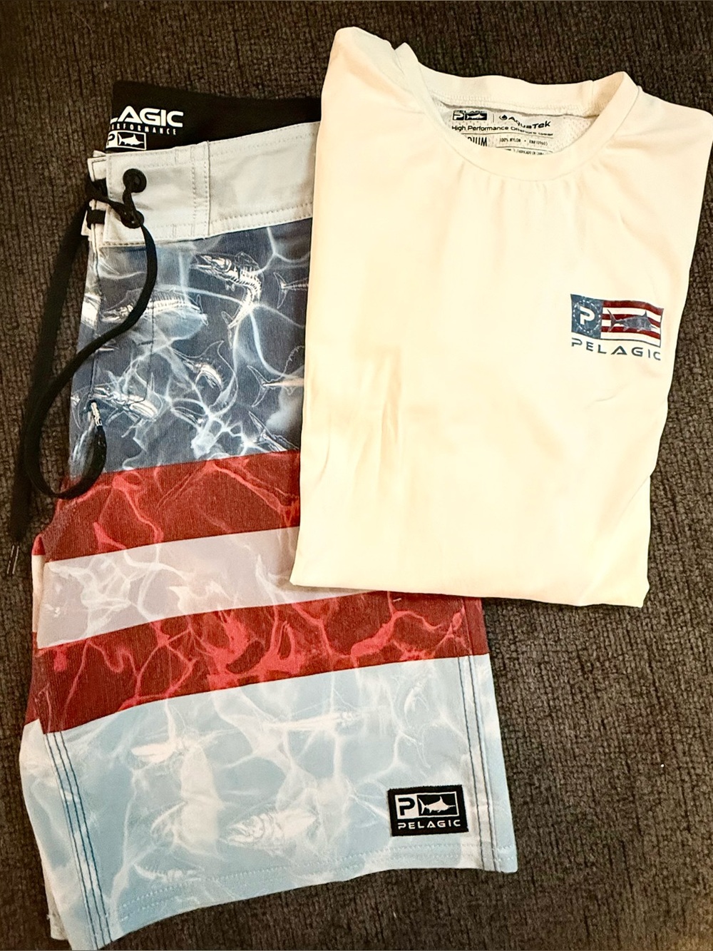 Pelagic Bundle -Boys Red, White & Blue Fishing Shorts & Matching shirt Size M.